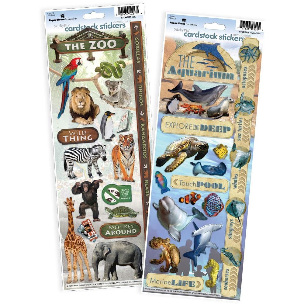 STCX-4019E - Scrapbook Stickers - Zoo Value Pack - Two cardstock sticker sheets featuring zoo animals and aquatic creatures with decorative text labels and themed borders