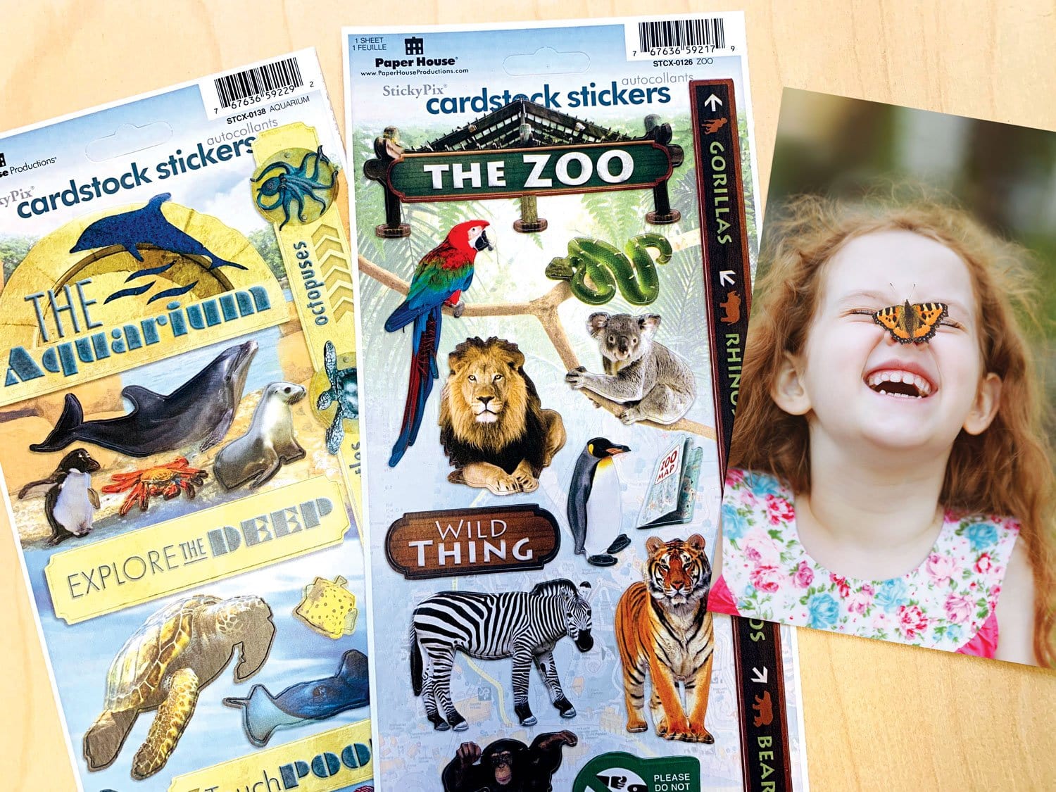 STCX-4019E - Scrapbook Stickers - Zoo Value Pack - Three cardstock sticker sheets featuring aquarium, zoo, and wild animal designs with colorful illustrations of marine life, big cats, and exotic animals
