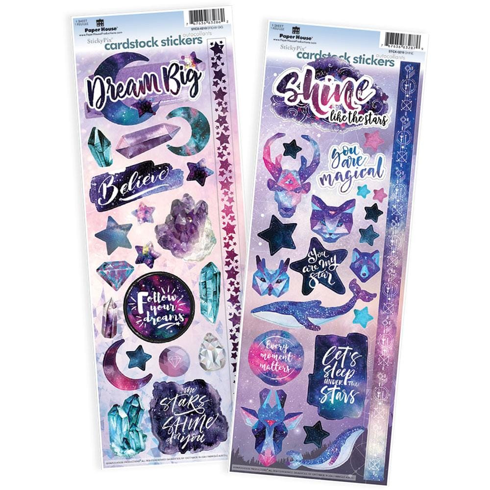 STCX-4023E - Scrapbook Stickers - Stargazer Value Pack - Two sticky cardstock sticker sheets with purple, blue, and pink galaxy-themed designs, stars, moons, crystals, and inspirational text