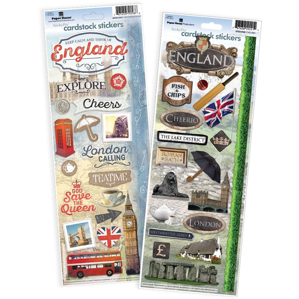 STCX-4027E - Scrapbook Stickers - London Value Pack - Two cardstock sticker sheets featuring England-themed designs including Big Ben, red buses, tea, landmarks, and Union Jack flags