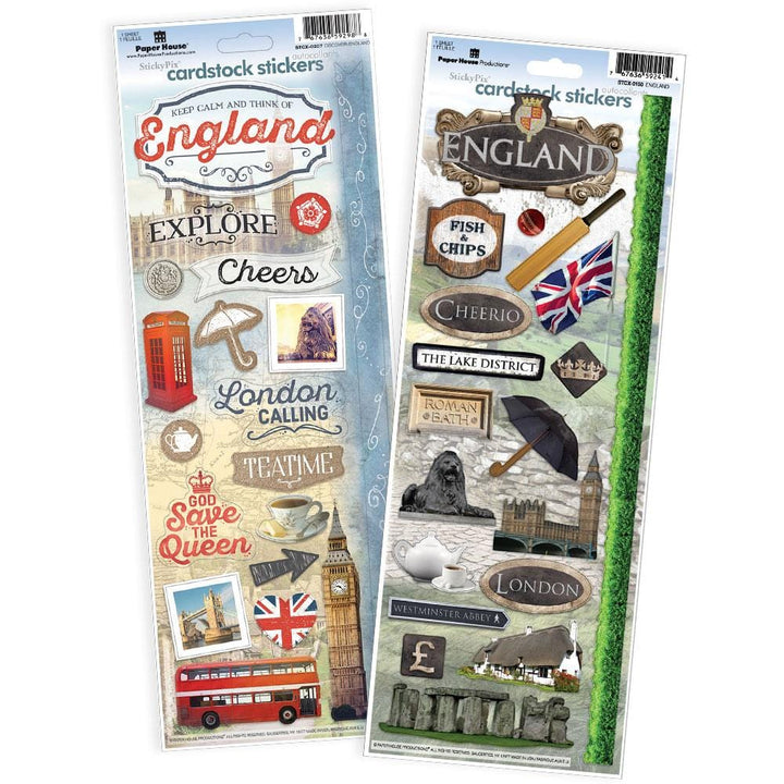 STCX-4027E - Scrapbook Stickers - London Value Pack - Two cardstock sticker sheets featuring England-themed designs including Big Ben, red buses, tea, landmarks, and Union Jack flags
