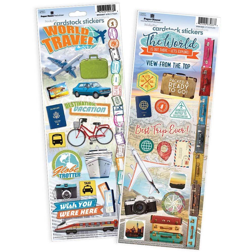 STCX-4029E - Scrapbook Stickers - World Travel Value Pack - Two cardstock sticker sheets featuring travel-themed designs including planes, suitcases, passports, bicycles, cameras, and destination badges in bright colors