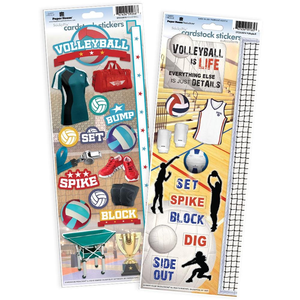 STCX-4034E - Scrapbook Stickers - Volleyball Value Pack - Two cardstock sticker sheets featuring volleyball-themed designs including balls, players, equipment, and motivational text on wood and gym court backgrounds