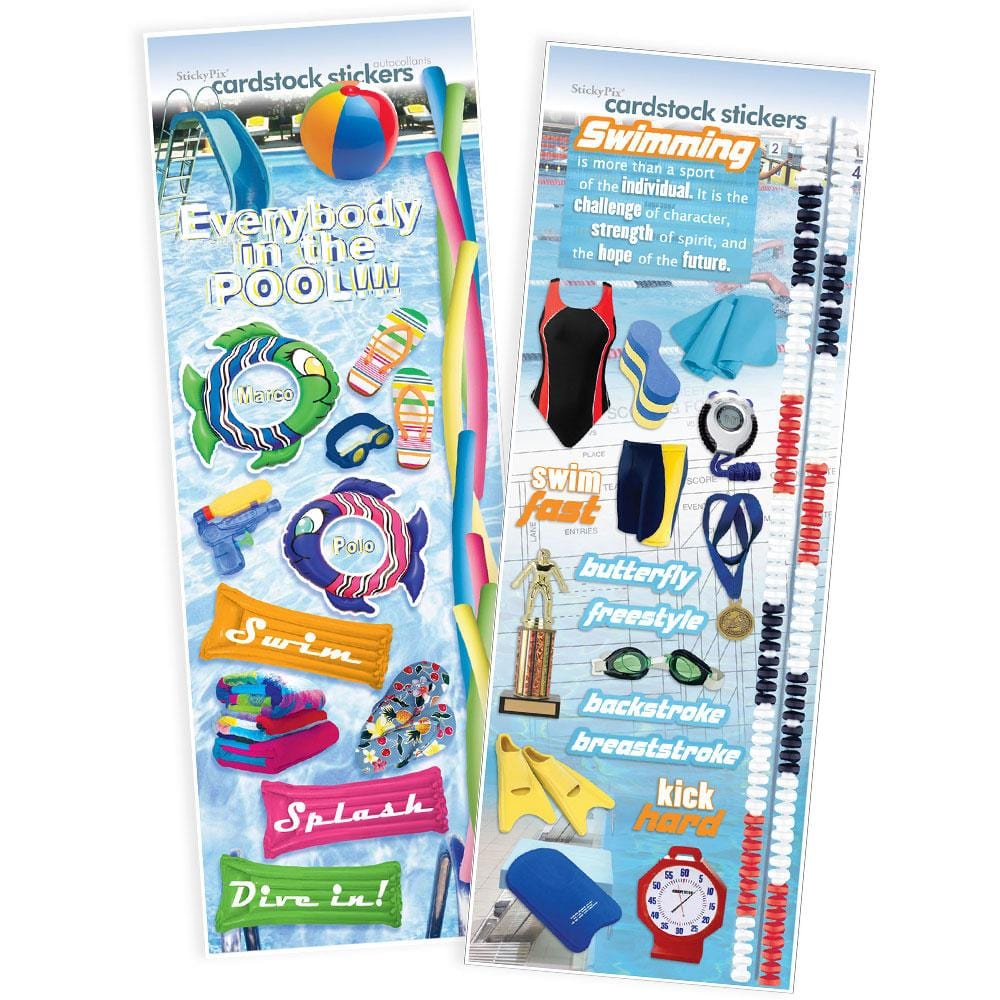 STCX-4038E - Scrapbook Stickers - Swimming Value Pack - Two cardstock sticker sheets featuring pool and swimming themed designs including swimsuits, goggles, swim strokes, and motivational text on blue backgrounds