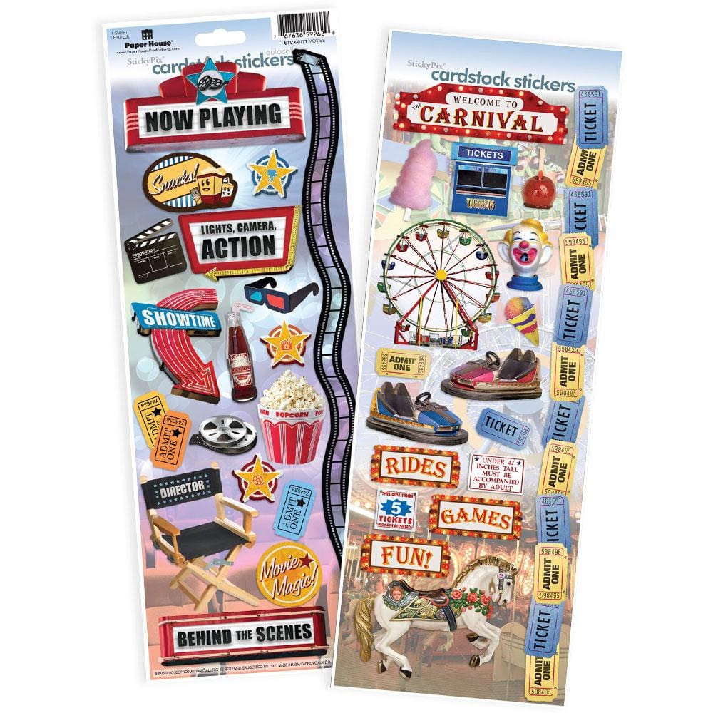 STCX-4043E - Scrapbook Stickers - Movie and Carnival Value Pack - Two cardstock sticker sheets featuring movie theater and carnival-themed designs with colorful illustrations and text elements