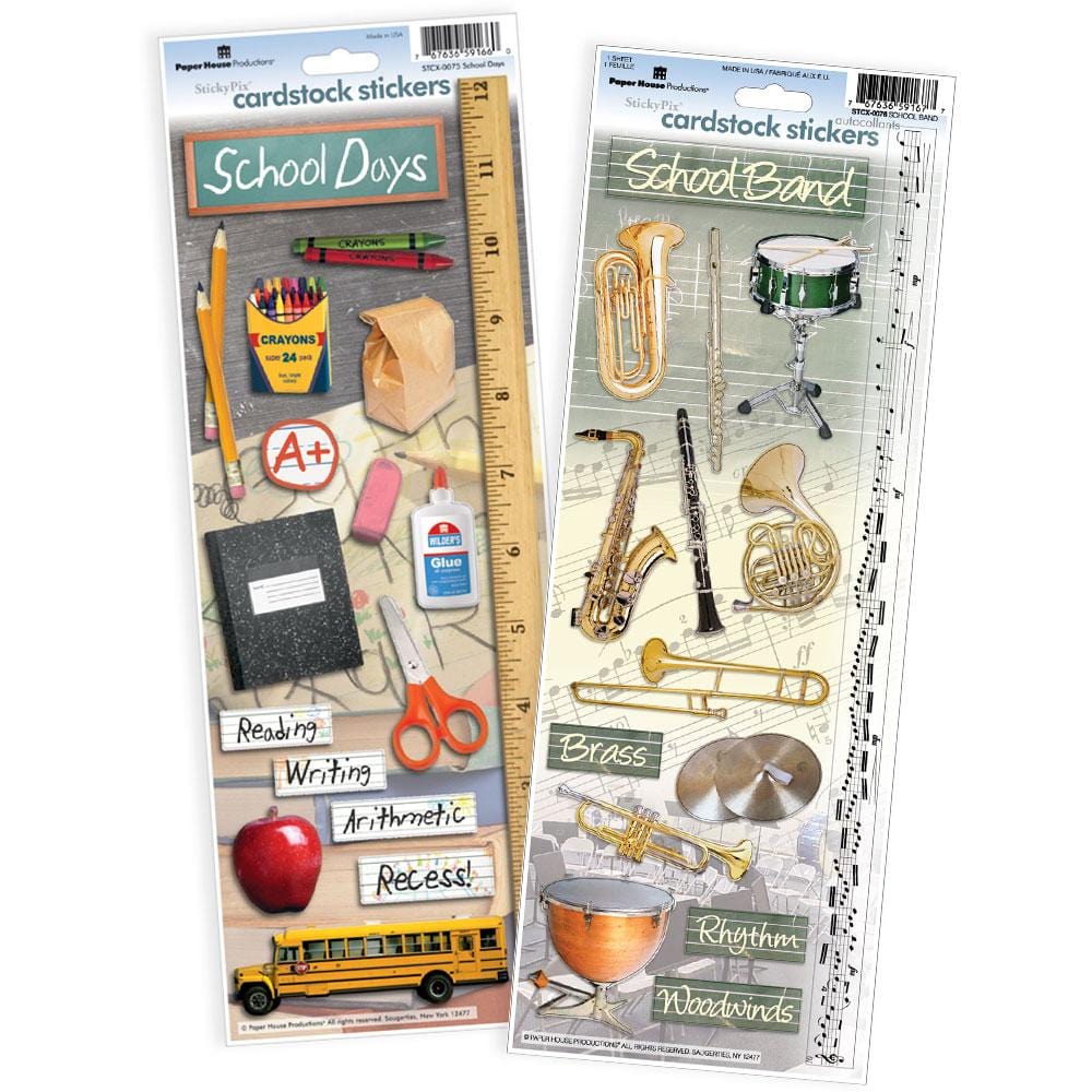 STCX-4044E - Scrapbook Stickers - School Days Value Pack - Two cardstock sticker sheets featuring school-themed designs including supplies, instruments, and subject labels on tan and sheet music backgrounds