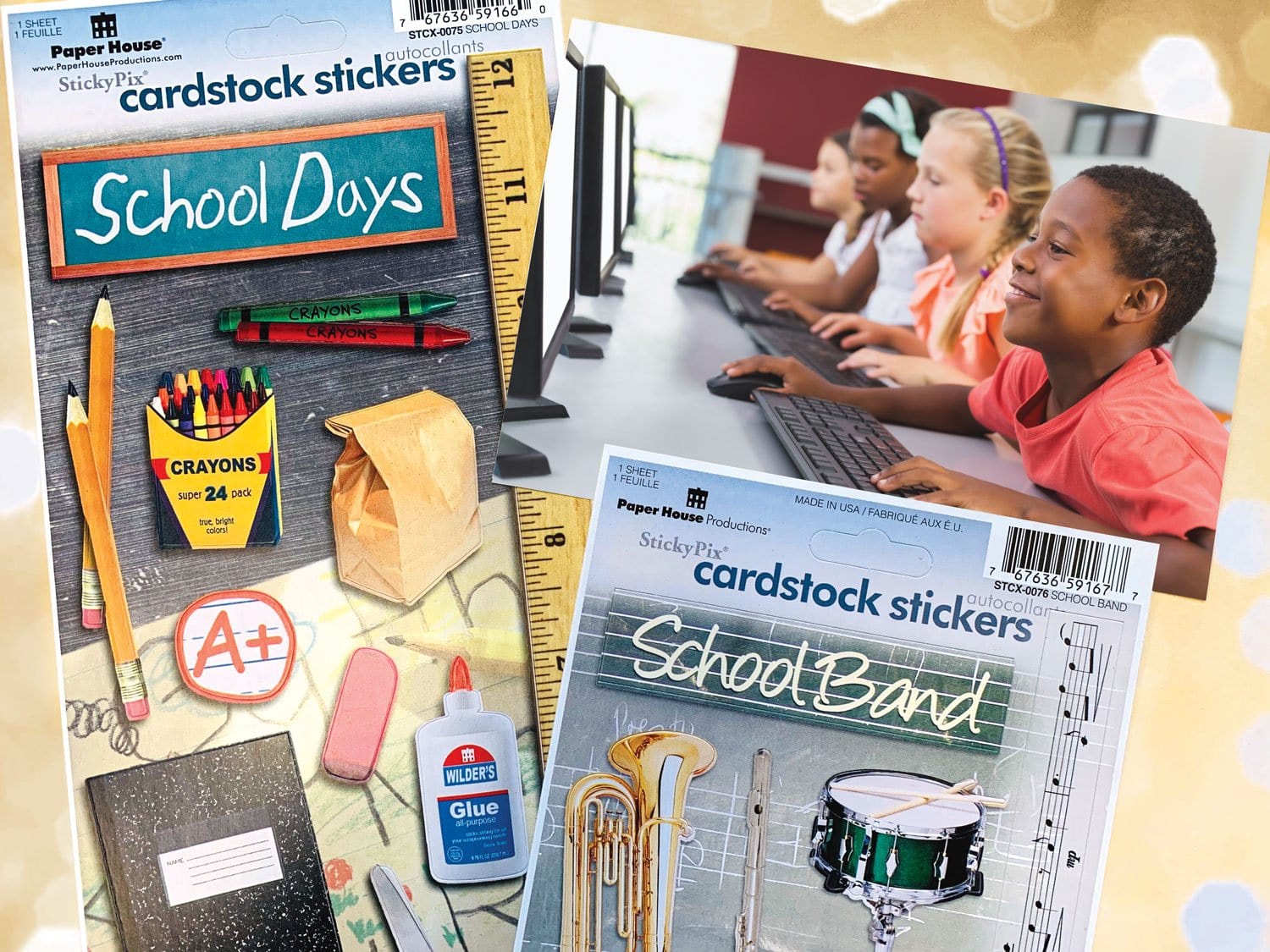 STCX-4044E - Scrapbook Stickers - School Days Value Pack - Two sheets of Paper House Productions cardstock stickers featuring school-themed designs including pencils, crayons, grade A+, glue bottle, and musical instruments on gray backgrounds