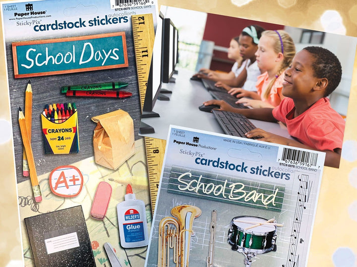 STCX-4044E - Scrapbook Stickers - School Days Value Pack - Two sheets of Paper House Productions cardstock stickers featuring school-themed designs including pencils, crayons, grade A+, glue bottle, and musical instruments on gray backgrounds
