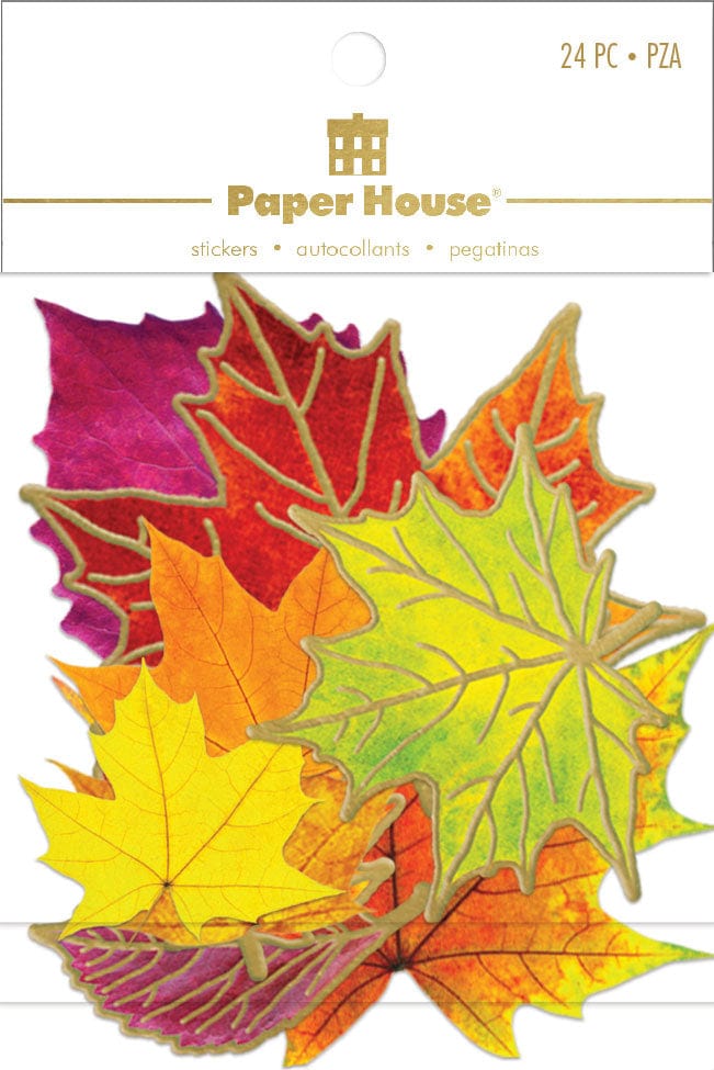 Assortment of scrapbook stickers featuring fall leaves with gold details shown in packaging.