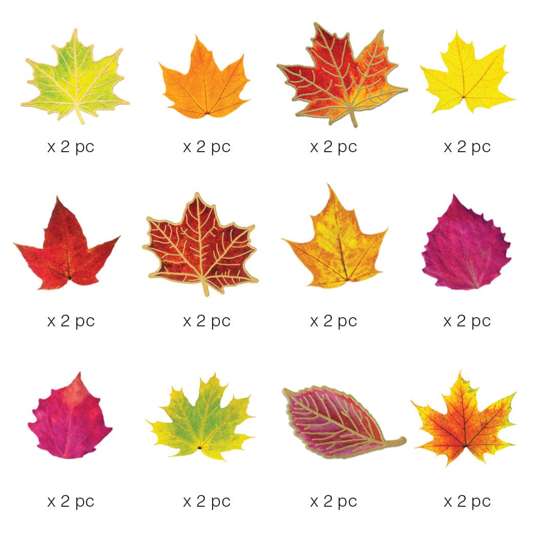 Twelve scrapbook stickers are shown featuring fall leaves with gold details on a white background.