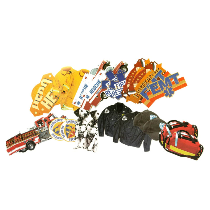 An assortment of scrapbook stickers featuring hero themes fanned out on a white background.