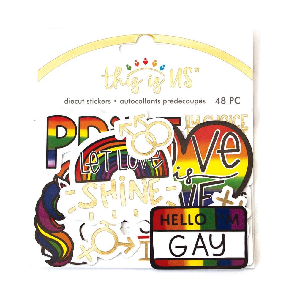 scrapbook stickers featuring die cut stickers with rainbows and pride sentiments, shown in package on white background.