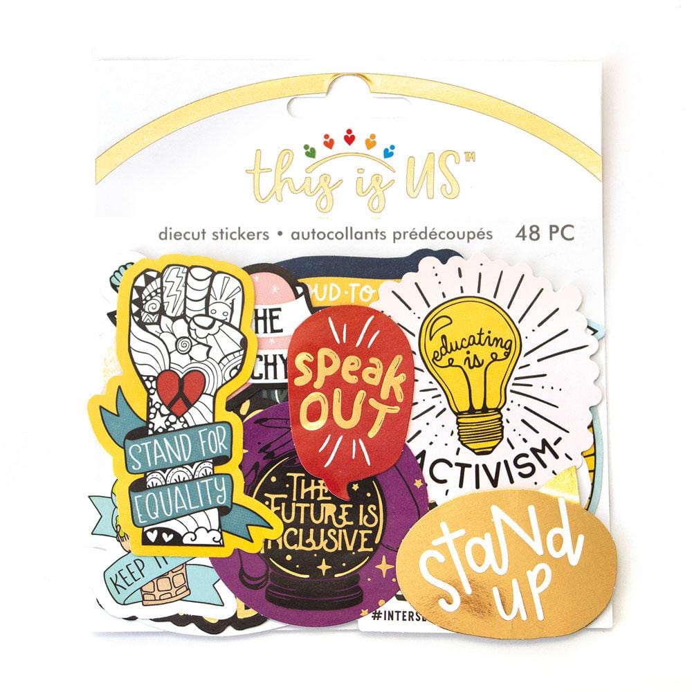 scrapbook stickers featuring Hustle for Justice illustrations and sentiments, shown in package.
