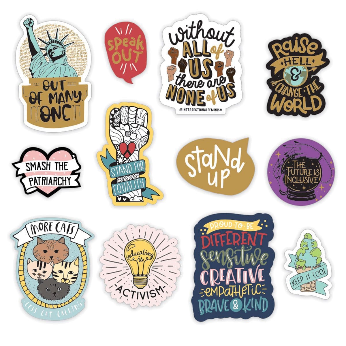 scrapbook stickers featuring 12 die cut stickers of Equality sentiments and illustrations, shown on white background.