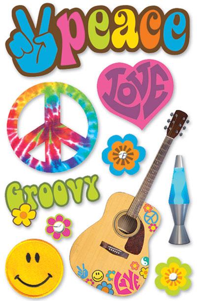3D scrapbook stickers featuring colorful peace signs, guitars and smiley faces shown on white background.
