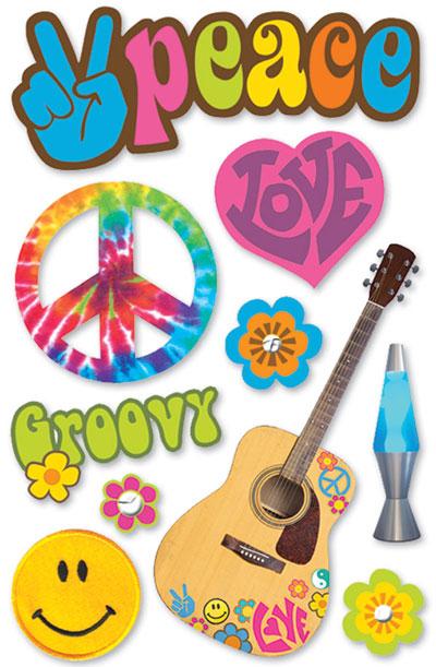 3D scrapbook stickers featuring colorful peace signs, guitars and smiley faces shown on white background.