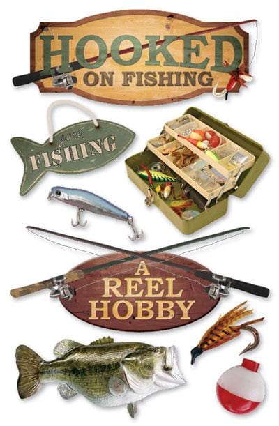 3D scrapbook stickers featuring photo real fishing poles, a tackle box and a bass shown on a white background.