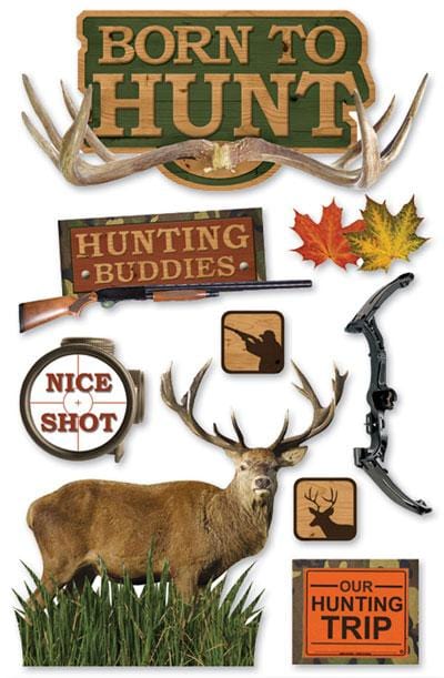 3D scrapbook stickers featuring hunting images including a buck and a cross bow.