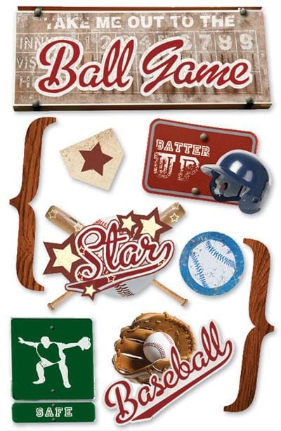 3D scrapbook stickers featuring baseballs, bats and helmets.