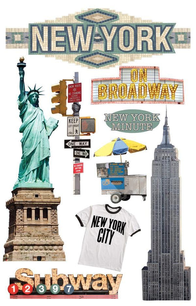 3D scrapbook stickers featuring photo real images of the Statue of Liberty, Empire State Building and the subway shown on a white background.