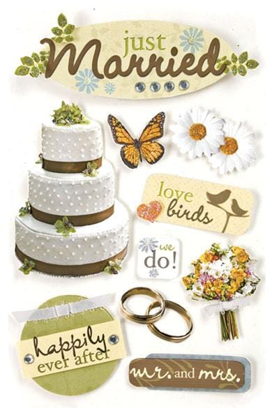 3D scrapbook stickers featuring a wedding cake, daisies and a butterfly.