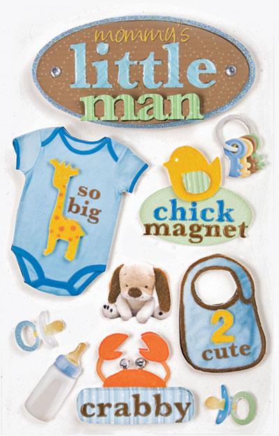 3D scrapbook stickers featuring baby blue onesie, baby bottle, stuffed animals