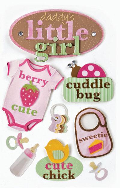 3D scrapbook stickers featuring a pink onesie, a pink bib and a baby bottle shown on a white background.