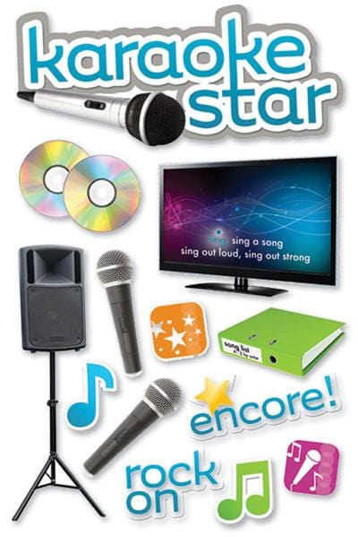 3D scrapbook stickers featuring karaoke star, microphone, monitor and colorful music notes. 