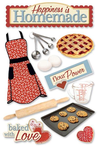 3D scrapbook sticker featuring a baking theme including a pie and an apron. 