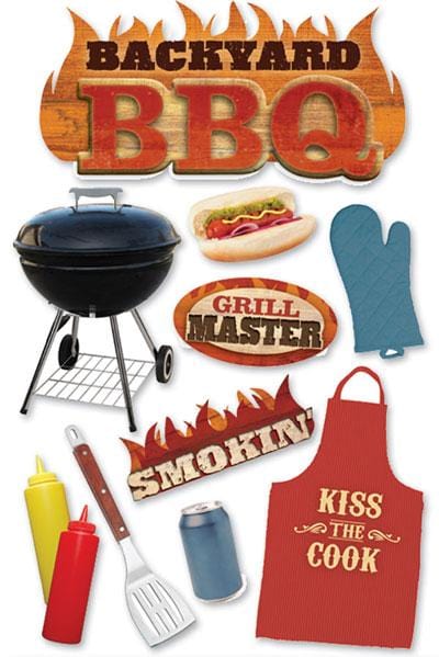 3D scrapbook stickers featuring a large BBQ title with barbecue imagery