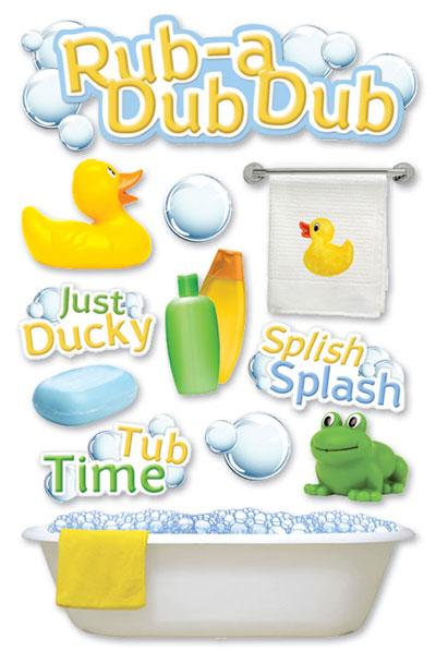 3D scrapbook stickers featuring blue bath time bubbles and yellow ducks and towels shown on white background.