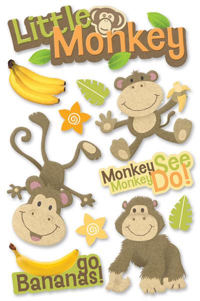 3D scrapbook stickers featuring illustrations of monkeys and bananas.