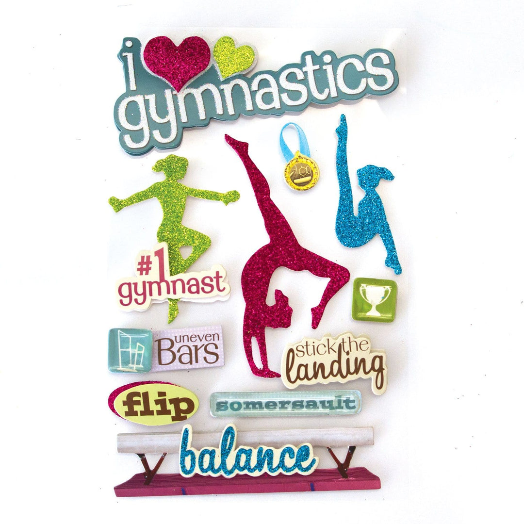 3D scrapbook stickers featuring colorful, glitter silhouettes of gymnasts.