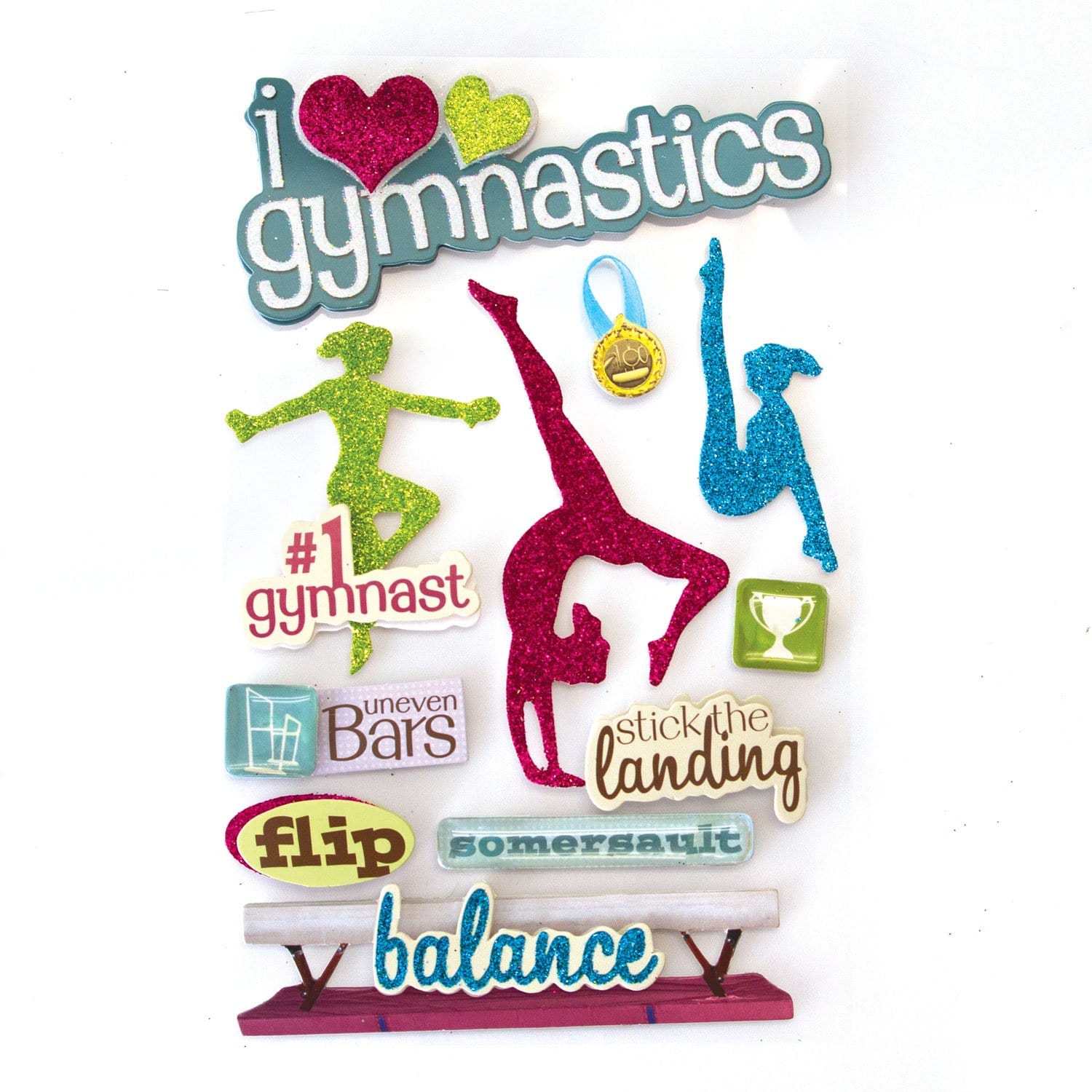 3D scrapbook stickers featuring colorful, glitter silhouettes of gymnasts.