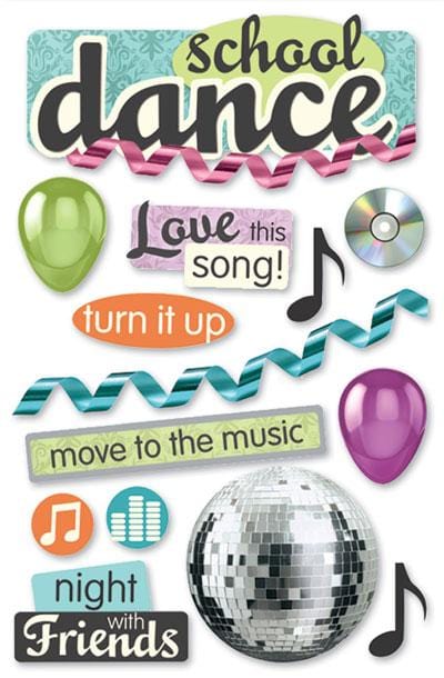 3D scrapbook stickers featuring colorful balloons, disco ball and music notes.