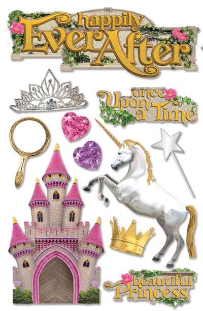 3D scrapbook stickers featuring a princess castle, a unicorn and a crown with gold details.