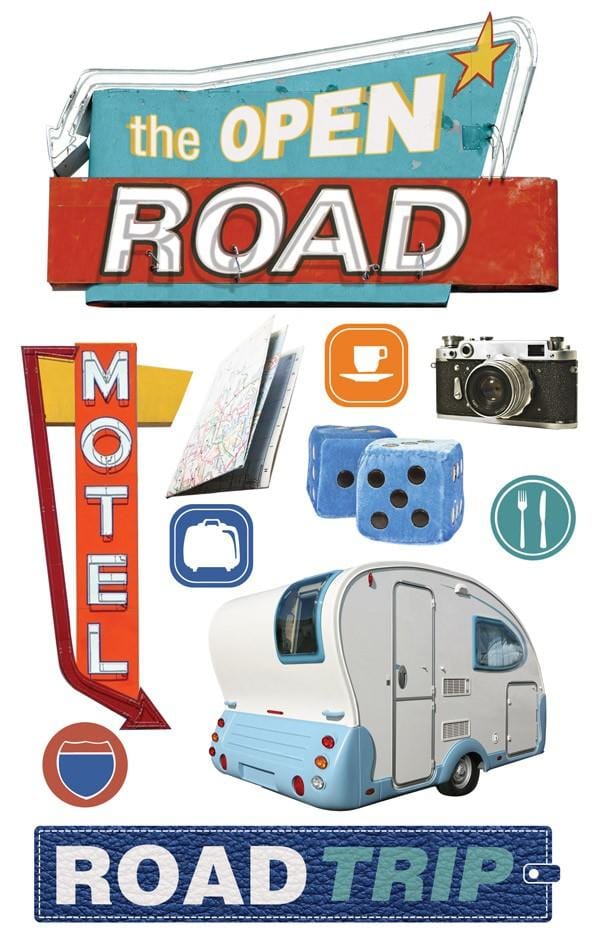 3D scrapbook stickers featuring colorful images of motel signs, maps and a photo of a camper