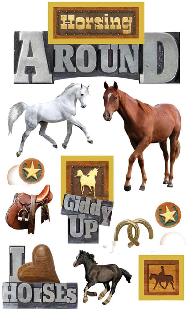 3D scrapbook stickers featuring horse photos, horse shoes, and stars with gold details