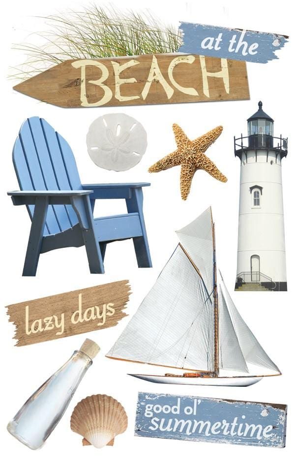3D scrapbook stickers featuring a lighthouse, a blue chair and a sailboat.