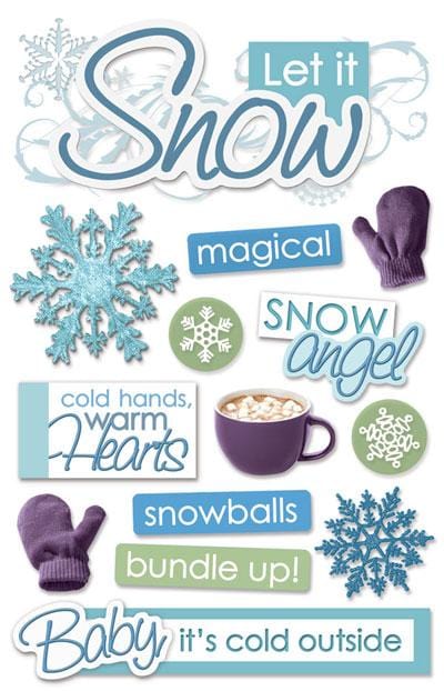 3D scrapbook stickers featuring blue and white snowflakes, hot cocoa and mittens.
