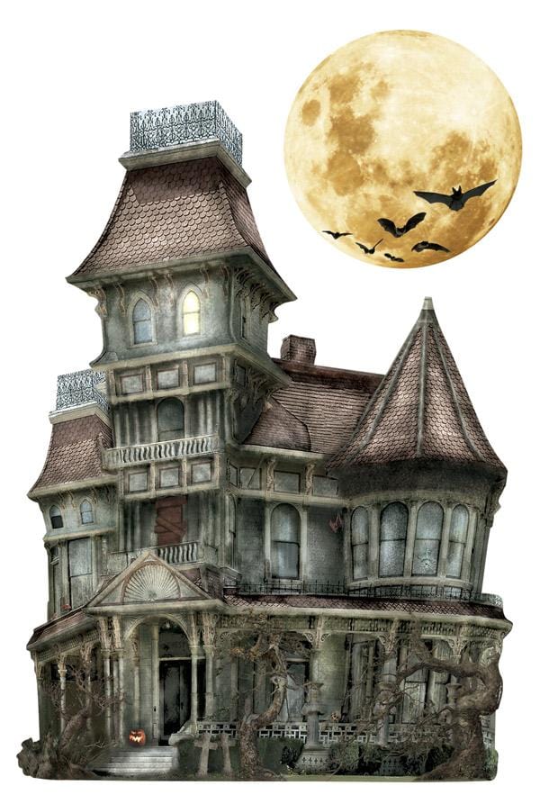 3D scrapbook stickers featuring a haunted house and a moon.
