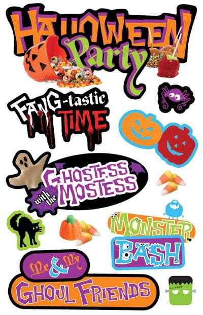 3D scrapbook stickers featuring colorful halloween monster party sentiments and pumpkins
