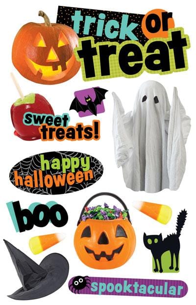 3D scrapbook stickers featuring pumpkins, candy corn, ghosts and sweet treats shown on a white background.