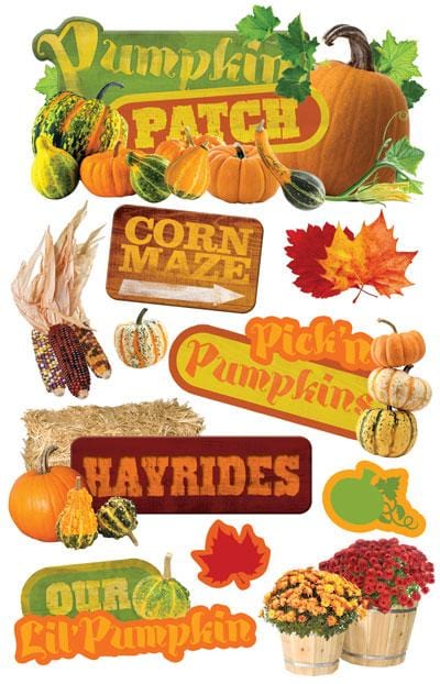 3D scrapbook stickers featuring pumpkins, hayrides and mums.