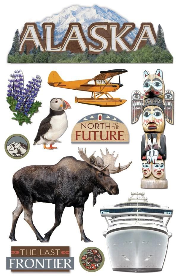 3D scrapbook stickers featuring Alaska with a photo real moose, totem pole and cruise ship.
