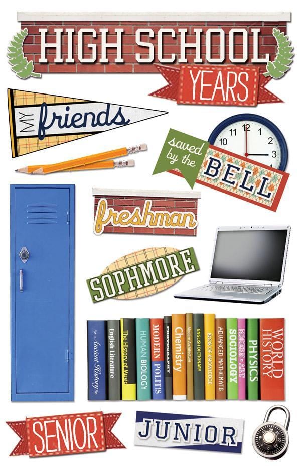 3D scrapbook stickers featuring high school text books, a blue locker and laptop shown on a white background.
