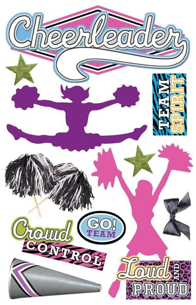 3D scrapbook stickers featuring pink and purple cheerleader silhouettes.