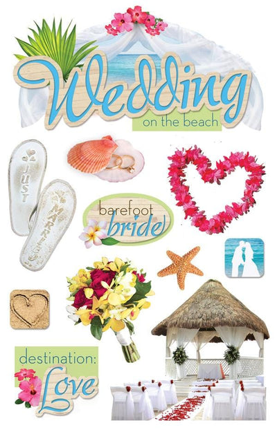 3D scrapbook stickers featuring a beach wedding, flip flops, shells. and flowers.