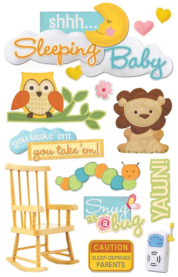 3D scrapbook stickers featuring cute felt owl and tiger, rocking chair and sleeping baby sentiments shown on white background.