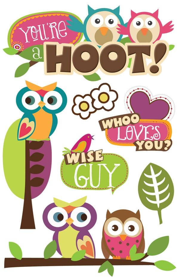 3D scrapbook stickers featuring colorful, illustrated owls, hearts and florals shown on a white background.
